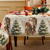 Resim 1 adet Noel Baba, Geyik ve Ağaç Tasarımı ile Vintage Noel Masa Örtüsü - İç/Dış Mekan Partileri, Ev Dekorasyonu ve Kış Hediyeleri için Festiv Noel Dekoru, Açık Kahverengi Polyester, Dokuma Dokusu, Noel Dekorasyonları 