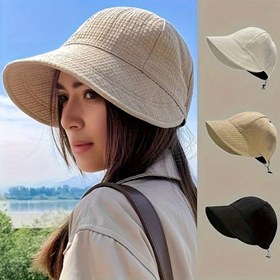 Resim 1 adet Kadın Geniş Kenar Güneş Şapkası, Ayarlanabilir Çekme Kordonu ile Katlanabilir Waffle Dokuma Kova Şapka, Yürüyüş ve Balıkçılık için Şık Açık Plaj Şapkası, Balıkçılık Şapkası, Güneşlik Şapkası 