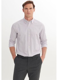 Resim AC&Co / Altınyıldız Classics Erkek Grı Pamuklu Slim Fit Dar Kesim Düğmeli Yaka Çizgili Gömlek Gri 