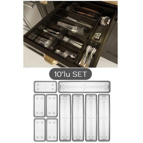Resim 10'lu Modüler Set Kaşıklık Çekmece Içi Düzenleyici Çatal Kaşık Bıçak Düzenleme Organizeri Antrasit 
