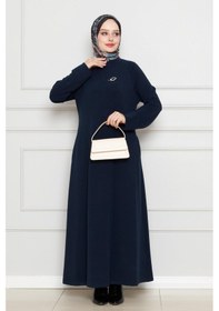 Resim Sevitli Broş Detaylı Elbise-lacivert-4507 Lacivert 