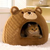 Resim 1pc Klasik Kahverengi Ayı Şeklinde Kedi Yatağı, Polyester Plüştan İç Mekan Kedi Evi, Kalınlaşmış Sünger ve 3D PP Dolum, Taşınabilir Kedi Barınağı 