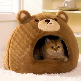Resim 1pc Klasik Kahverengi Ayı Şeklinde Kedi Yatağı, Polyester Plüştan İç Mekan Kedi Evi, Kalınlaşmış Sünger ve 3D PP Dolum, Taşınabilir Kedi Barınağı 