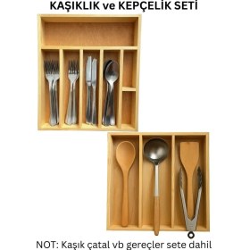 Resim Ayfiwood 30X35 cm Çok Bölmeli Ahşap Kaşıklık ve Kepçelik Seti - Çekmece Düzenleyici- Ahşap Organizer 