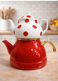 Resim Gold Detaylı Üstü Porselen Altı Emaye İkili Demlik Takımı Kırmızı 