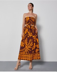 Resim Kadın Straplez Desenli Takım Bağlamalı Büstiyer Ve Bol Kesim Pantolon Etek Kahve 