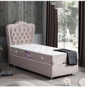 Resim Setaymobilya Baza, Camelli Gri Tek Kişilik Baza + Başlık + Ortopedik Yatak 