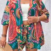 Resim Plus Beden Kadınlar için Tatil Paisley Desenli Kimono Üst ve Beli Bağcıklı Şort Takımı 