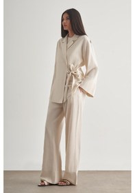 Resim Mizalle Keten Karışımlı Anvelop Bağlı Bej Rengi Kimono Ceket Bej 