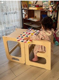 Resim montessori ahşap öğrenme kulesi + aktivite masası + mama masası Ahşap 