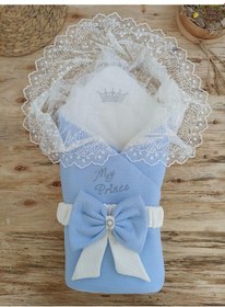 Resim Bal Peteği My Prince Taç Nakışlı İnci Fiyonklu Dantel Duvaklı Delüks Kundak Bebek Battaniyesi Mavi 
