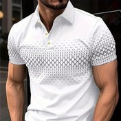 Resim Erkekler için rahat kısa kollu polo polyester lifi örgü dokusu nefes alabilir üst vücut giysisi, geometrik desen, 150g/m², hafif esneklik, tek düğmeli plaket, kısa kollu, normal uzunluk, yaka yaka, spor, tenis, golf, parti, tatil, hafta sonu rahat, bahar/ yaz 