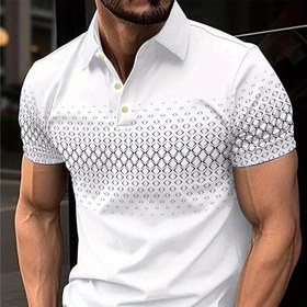 Resim Erkekler için rahat kısa kollu polo polyester lifi örgü dokusu nefes alabilir üst vücut giysisi, geometrik desen, 150g/m², hafif esneklik, tek düğmeli plaket, kısa kollu, normal uzunluk, yaka yaka, spor, tenis, golf, parti, tatil, hafta sonu rahat, bahar/ yaz 
