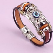 Resim 1 adet Vintage Bohem Gerçek Deri Bileklik Mavi Nazar Boncuğu Cazibesi ile, Boncuklu Paslanmaz Çelik Toka - Günlük Kıyafet veya Hediye için Ayarlanabilir Kahverengi Deri ve Metal Ayrıntılı 