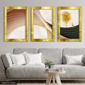 Resim Burshe Modern Sanat Gold Ağaç ve Geyik 3 Parça Gold Pleksi Aynalı Tablo 