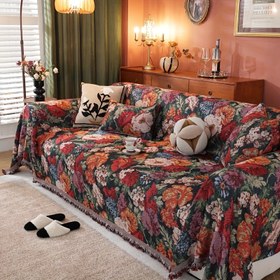 Resim Rustik Tarzı Çiçekli Kırmızı Çiçek Koltuk Örtüsü, Kalın Yarn Boyanmış Polyester, Makinede Yıkanabilir, Evrensel Uygunluk, Püsküllerle, Koltuklara 4 Kişilik Seksiyonel Koltuklara Kadar, Ev Dekoru İçin Çok Yönlü Mobilya Koruyucu 