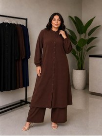 Resim soBasic Büyük Beden Tesettür İkili Takım Çilek Kumaş Rahat Kalıp Beli Lastikli Pantolonlu Tunik Takım 