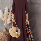 Resim Kadınların Üç Çeyrek Kollu, Yuvarlak Yaka ve Düğme Detaylı Büyük Beden Rahat Elbisesi - Polyester Karışımlı, Yaz Stili, Fit ve Flare Tasarımı, Rahat Giyim|Rahat Stil|Polyester Karışımlı 