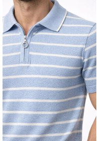 Resim Barlashive Erkek Triko Polo Yaka Fermuarlı Çizgili Tişört T-shirt Yazlık Şık - Bebek Mavisi Çok Renkli 