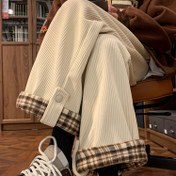 Resim Kadınlar için Ekose Astarlı Kadife Pantolon - Elastik Bel Düz Paça, Tüm Sezonlara Uygun Konfor, Makinede Yıkanabilir Günlük Kullanım İçin Çok Yönlü Fit, Rahat Alt Giyim, Trendy Pantolon, Nefes Alabilen Kumaş, Astarlı Pantolon, Üniversite 