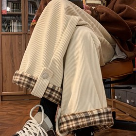 Resim Kadınlar için Ekose Astarlı Kadife Pantolon - Elastik Bel Düz Paça, Tüm Sezonlara Uygun Konfor, Makinede Yıkanabilir Günlük Kullanım İçin Çok Yönlü Fit, Rahat Alt Giyim, Trendy Pantolon, Nefes Alabilen Kumaş, Astarlı Pantolon, Üniversite 