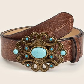 Resim 1 adet Vintage Esinli Kadınlar Turkuaz Toka Batı Tarzı Yama Kemer - Kahverengi, Turkuaz Taşlı Alaşım Toka ile, Rahat, Spor ve Festival Anlarında Mükemmel, Rahat Moda Kemer | Vintage Esinli Tasarım | Dayanıklı Kemer, Batı Tarzı Kemer 