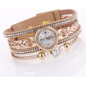 Resim Zsykd Duoya D249 Dokuma Bükülmüş Inciler Yuvarlak Analog Kuvars Bilek Bilezik Bayanlar Için Watch (Bej) (Yurt Dışından) 