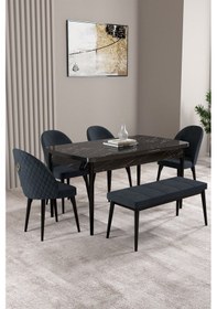 Resim Milas Siyah Mermer Desen 80x132 Mdf Açılabilir Yemek Masası Takımı 4 Sandalye, 1 Bench Antrasit 