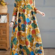 Resim Kadınların V-Neck Viskoz Elbisesi, Şık Baskılı Fit ve Paspaslı Cep Detaylı, Rahat Gevşek Uzun Kollu Bahar/Yaz/Sonbahar için - 90g/m² Dokuma Kumaş 