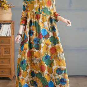 Resim Kadınların V-Neck Viskoz Elbisesi, Şık Baskılı Fit ve Paspaslı Cep Detaylı, Rahat Gevşek Uzun Kollu Bahar/Yaz/Sonbahar için - 90g/m² Dokuma Kumaş 