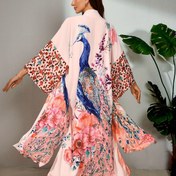 Resim Canlı Tavuskuşu & Çiçek Baskılı Maksi Plaj Kimono Hırka Bağcıklı - Hafif Polyester, Nefes Alabilir & Şeffaf Olmayan, Yaz Tatilleri, İlkbahar/Yaz/Sonbahar Giyim, Bohem Tarzı, Bakımı Kolay 