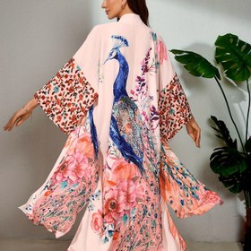 Resim Canlı Tavuskuşu & Çiçek Baskılı Maksi Plaj Kimono Hırka Bağcıklı - Hafif Polyester, Nefes Alabilir & Şeffaf Olmayan, Yaz Tatilleri, İlkbahar/Yaz/Sonbahar Giyim, Bohem Tarzı, Bakımı Kolay 