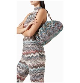 Resim Missoni Mıssonı Lurex Örgülü Büyük Kese, Şık & Göz Alıcı Çanta, Ikonik Zigzag Desen Omuz Çantası Mavi 