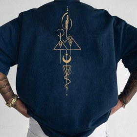 Resim Erkekler için Lacivert Grafikli Tişört - %100 Polyester, Bol Kesim, Günlük Yuvarlak Yaka Tişört, Benzersiz Geometrik Baskı, İlkbahar & Yaz Dış Aktiviteler için İdeal 