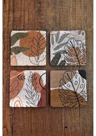 Resim Doğal Taş Bardak Altlığı Pastel Renk Desenler Baskılı 4'lü Set - Stone Coasters Çok Renkli 