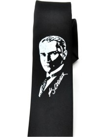 Resim Çocuk Boy Atatürk Ve Imza Baskılı Saten Siyah Kravat - Ck-29 