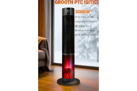 Resim Grooth Alev Efektli Kule Tipi Fanlı Seramik Isıtıcı Uzaktan Kumandalı Şömine Efektli Ptc Isıtıcı 
