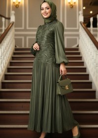 Resim N.S NEVA STYLE Dalga Desen Büzgülü Haki Tesettür Abiye Elbise 5538HK 