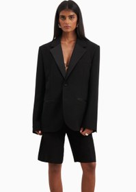 Resim Satin Detail Single Breasted Blazer Oversize Tek Düğmeli Kadın Ceket - Siyah / M 