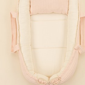 Resim Babynest ve Yastık - Çift Taraflı - Somon Örgü - Krem Muslin 