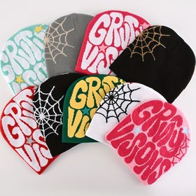 Resim Esnek Hafif Örme Bere - Erkek & Kadın için Karikatür Örümcek Ağı ve Graffiti 'GRAVY VISIONS' Tasarımı, Kpop Harajuku Y2K Sokak Stili Kışlık Şapka, Yumuşak Sıcak Unisex Günlük Aksesuar, Sokak Modası Bere 
