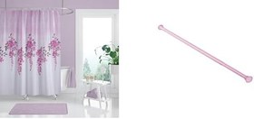 Resim Banyo Duş Perdesi 7359 180x200 Perde Borusu Askı Aparatı Pembe 160x260 Hediyeli 