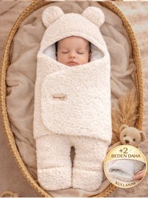 Resim Tomuycuk 0-12 Ay İçi Elyaflı Peluş Welsoft Kulaklı Ekru Dış Bebek Kundak & Battaniyesi Kışlık Uyku Tulumu 