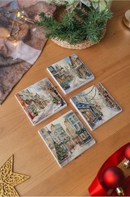 Resim Atölye Vintage Kartpostal Şehir Görüntüsü 4’lü Set Bardak Altlığı Doğal Taş (10x10 cm) 