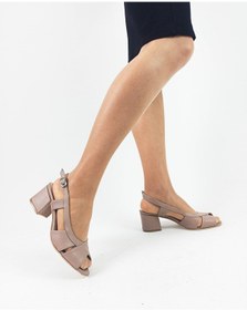 Resim Hakiki Deri Pudra Renk Kalın Topuk Kadın Topuklu Sandalet Pudra 