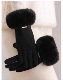 Resim Suni Kürk Detaylı Kadın Eldiven Siyah 