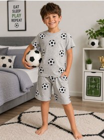 Resim Aliş Kids Erkek Çocuk Pamuklu Gri Futbol Topu Desenli Kısa Kollu Şortlu Yazlık Pijama Takımı 
