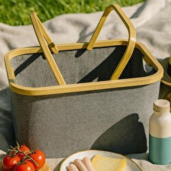 Resim Çok Amaçlı Piknik Sepeti – Dayanıklı Kumaş & Ahşap Saplı Tasarım 