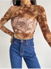 Resim ladyzey Kadın Balıkçı Yaka Ebru Desenli Tül Crop 
