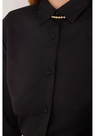 Resim Tudors Kadın Slim Fit Dar Kesim Vucüda Oturan Uzun Kollu Siyah Basic Gömlek-35323 Siyah 